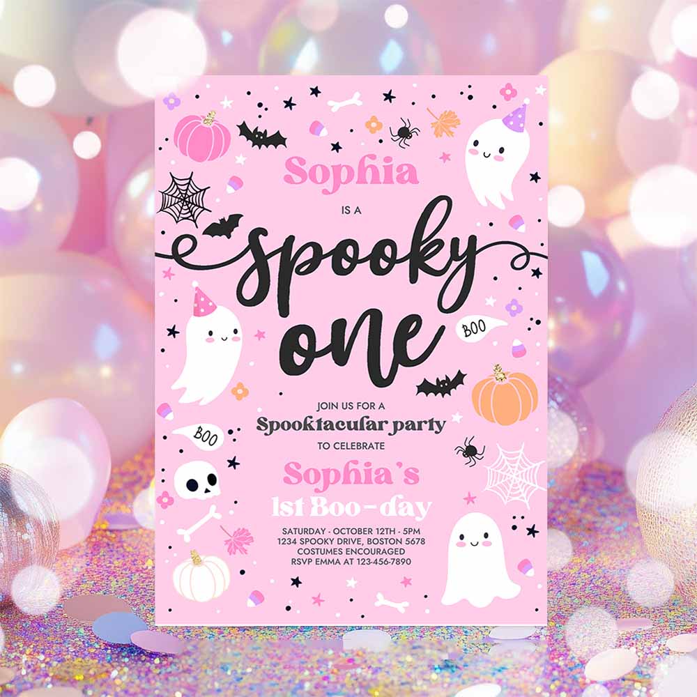 Spooky One Halloween Ghost 1st Birthday Party Invitation Cute Pink Ghost 1st Birthday Spooktacular 1st Birthday