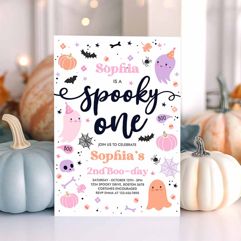 Spooky One Halloween Ghost 1st Birthday Party Invitation Cute Pink Ghost 1st Birthday Spooktacular 1st Birthday