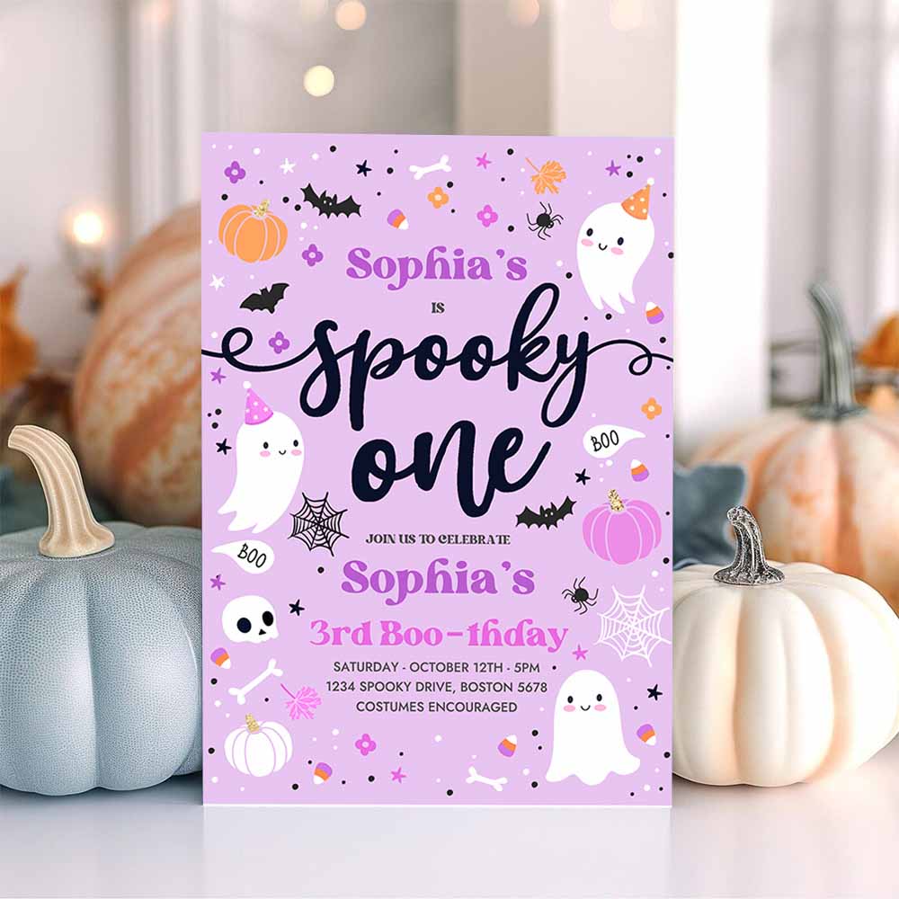 Spooky One Halloween Ghost 1st Birthday Party Invitation Purple Ghost 1st Birthday Spooktacular 1st Birthday