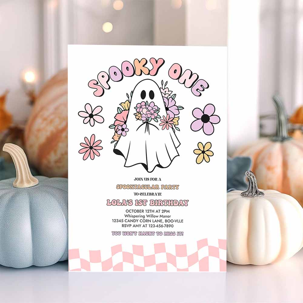 Spooky One Halloween Ghost 1st Birthday Retro Groovy Pink Ghost Halloween Birthday Party