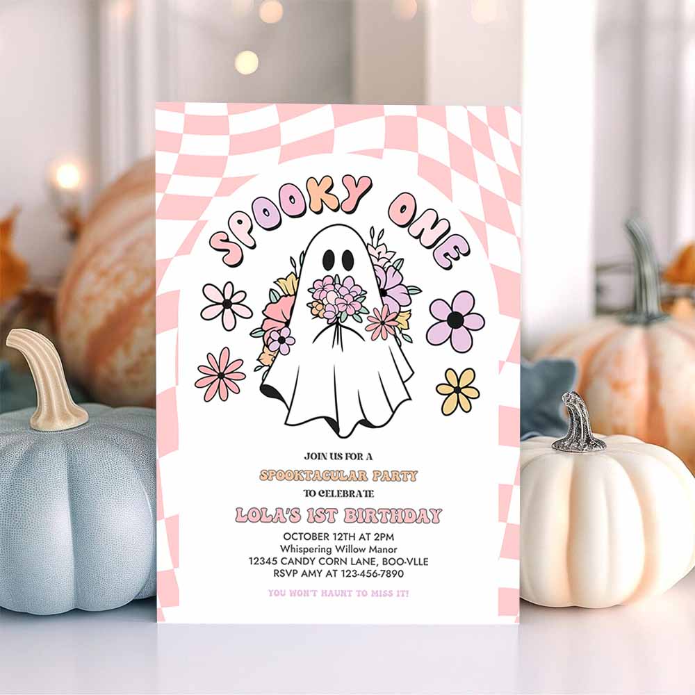 Spooky One Halloween Ghost 1st Invitation Retro Groovy Pink Ghost Halloween Birthday Party