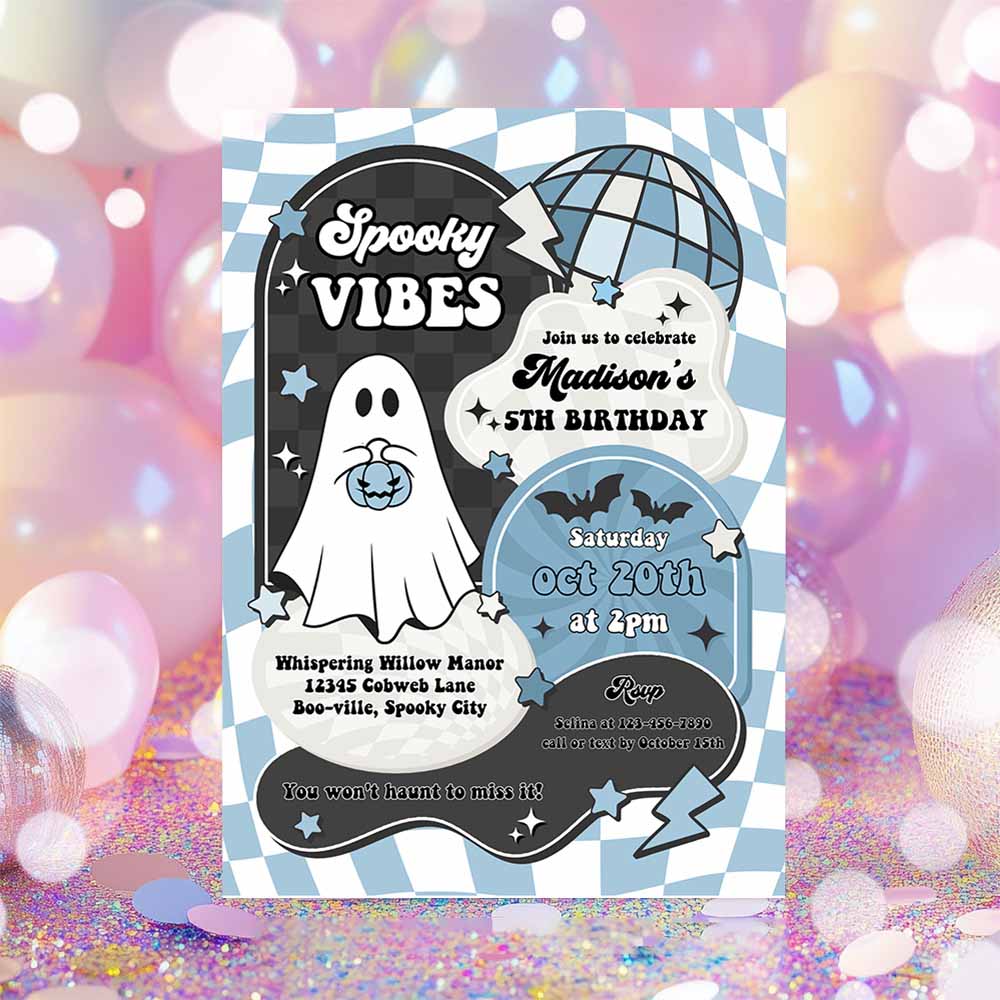 Spooky Vibes Cute Boy Ghost 2nd Birthday Party Invitation Retro Groovy Ghost Halloween Party