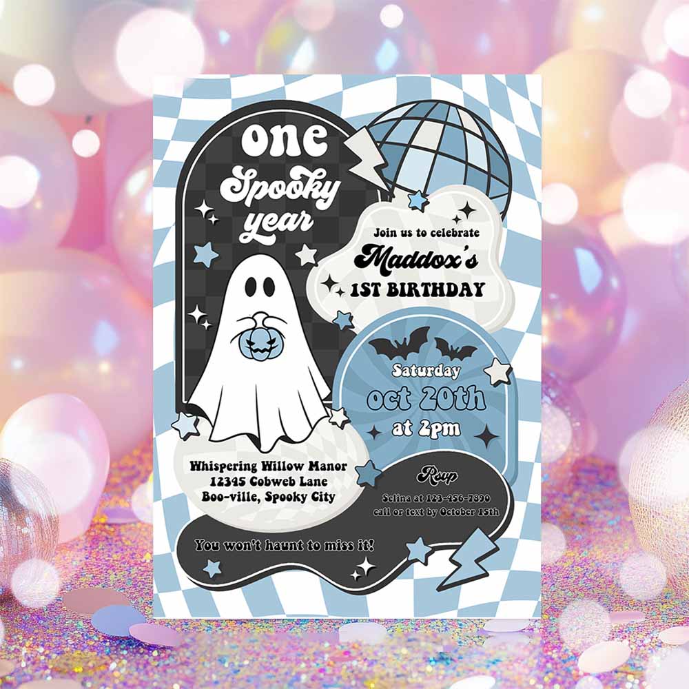 Spooky Vibes Cute Boy Halloween Ghost 2nd Birthday Party Invitation Retro Groovy Ghost Halloween Party