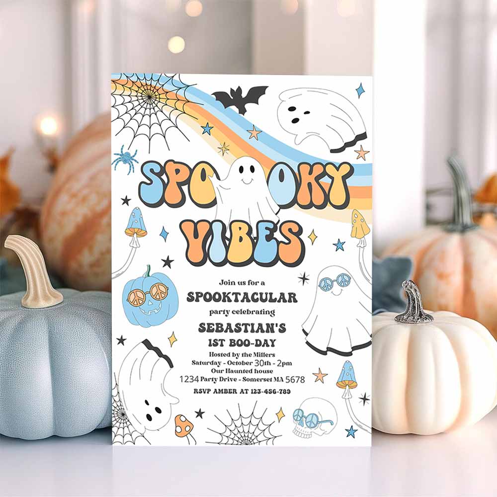 Spooky Vibes Cute Halloween Ghost 1st Birthday Invitation Retro Groovy Ghost Birthday Hippie Halloween Party