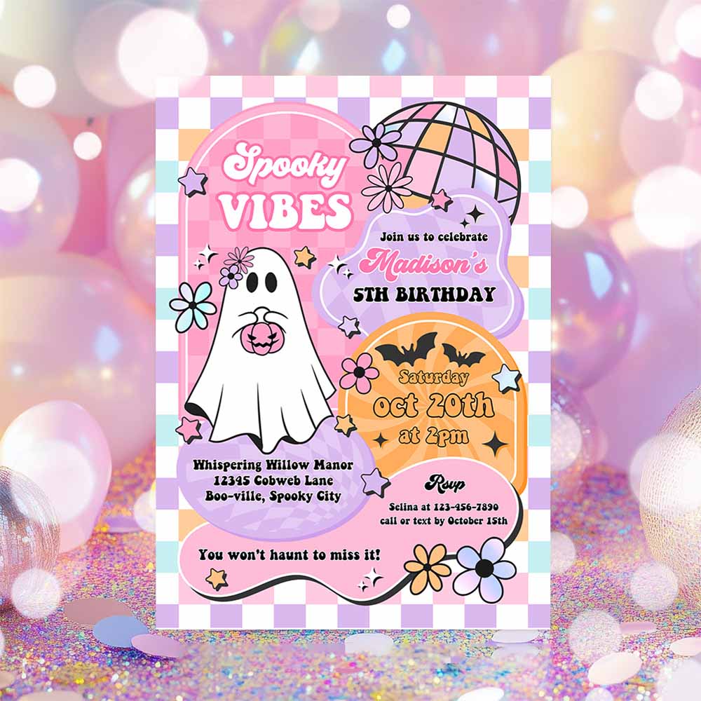 Spooky Vibes Cute Pink Halloween Ghost 2nd Birthday Party Invitation Retro Groovy Ghost Halloween Party