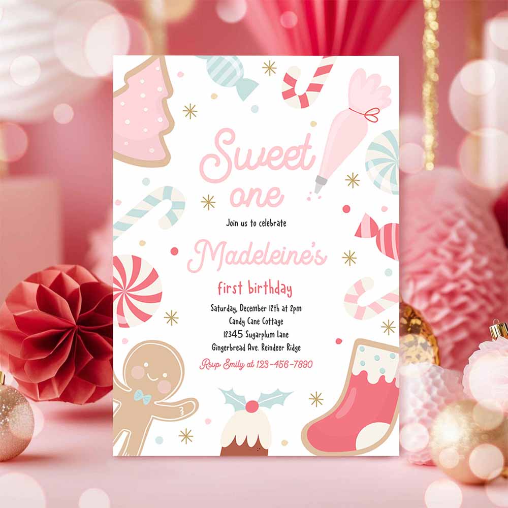 Sweet One Christmas Cookie Birthday Party Invitation Holiday Cookie 1st Birthday Sweet One Christmas Party