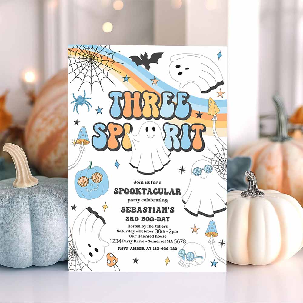 Three Spirit Halloween Ghost 3rd Birthday Invitation Retro Groovy Ghost Birthday Hippie Halloween Party