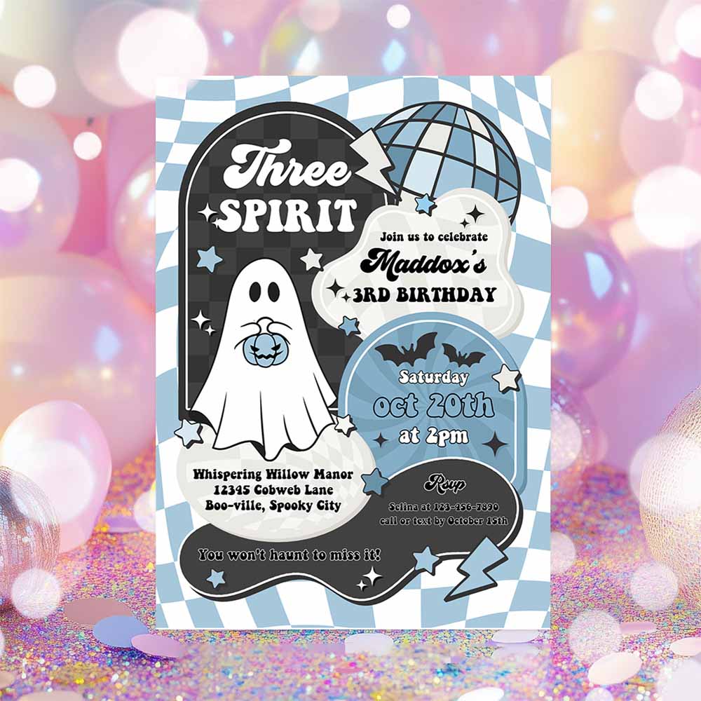 Three Spirit Halloween Ghost 3rd Birthday Invitation Retro Groovy Rainbow Ghost Birthday Hippie Halloween