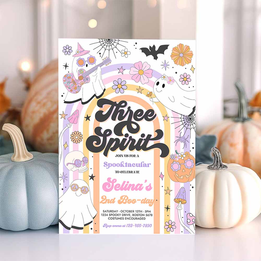 Three Spirit Halloween Ghost 3rd Birthday Invitation Retro Groovy Rainbow Ghost Birthday Hippie Halloween Party