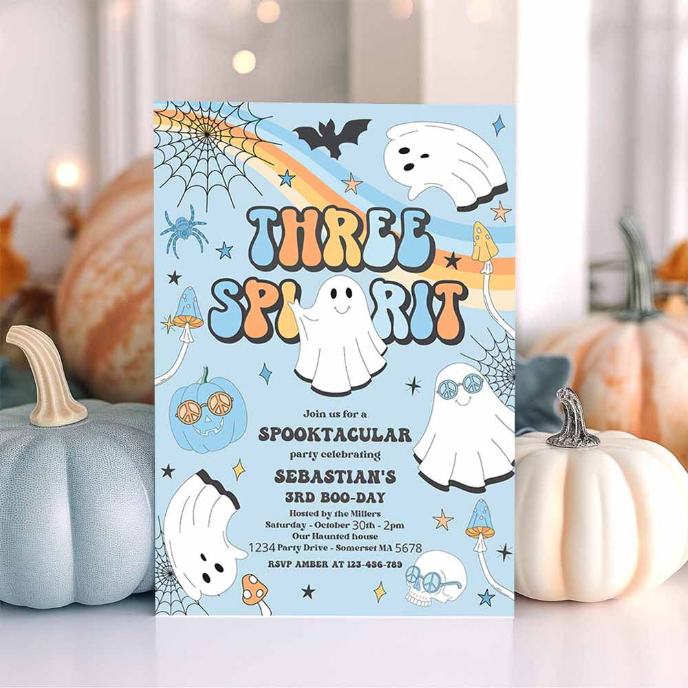 Three Spirit Halloween Ghost 3rd Birthday Invitation Retro Groovy Rainbow Ghost Birthday Hippie Halloween Party