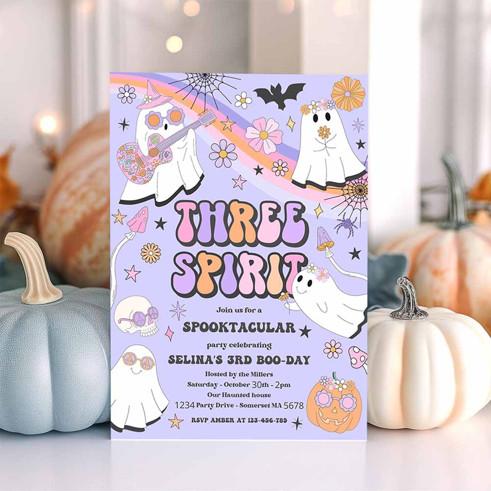 Three Spirit Halloween Ghost 3rd Birthday Invitation Retro Groovy Rainbow Ghost Birthday Hippie Halloween Party