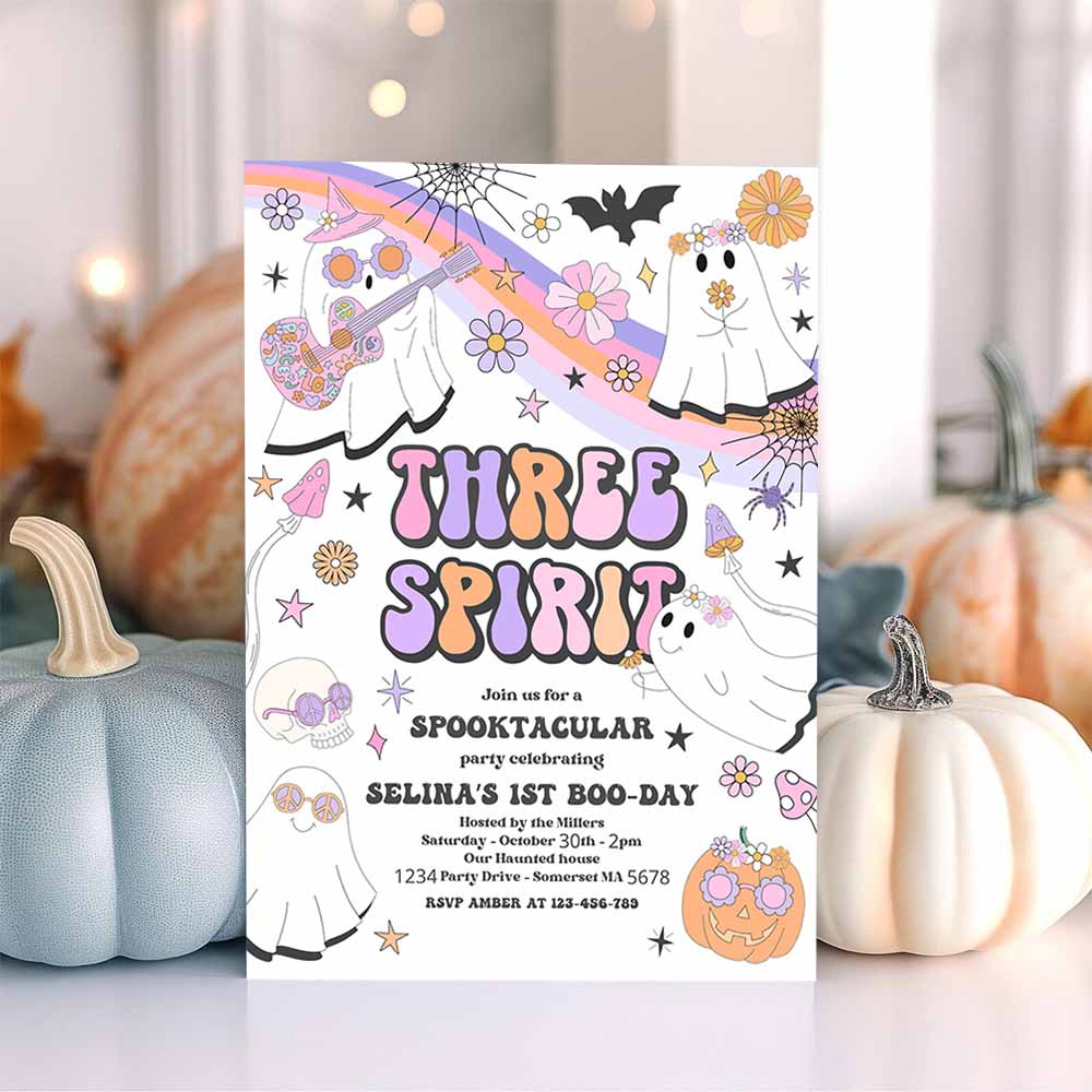 Three Spirit Halloween Ghost 3rd Birthday Invitation Retro Groovy Rainbow Ghost Birthday Hippie Halloween Party