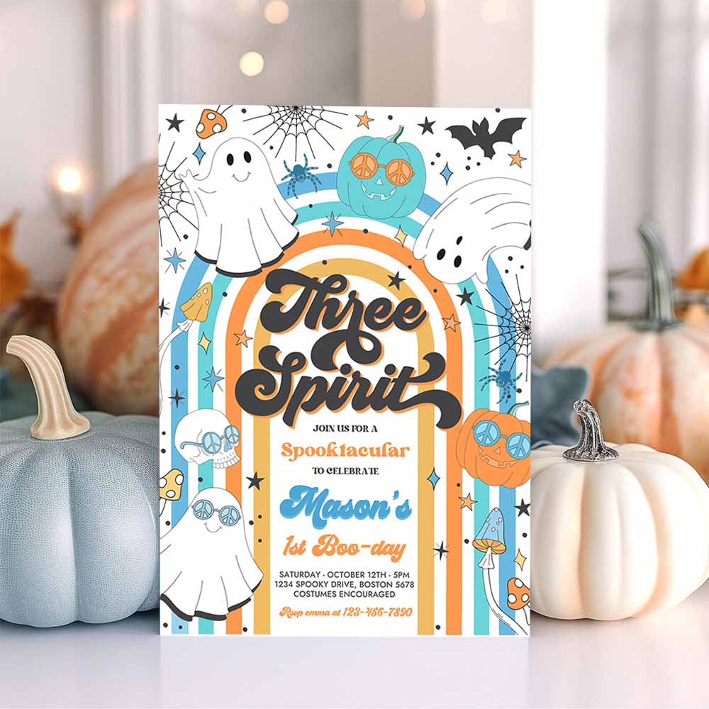 Three Spirit Halloween Ghost 3rd Birthday Invitation Retro Groovy Rainbow Ghost Birthday Hippie Halloween Party