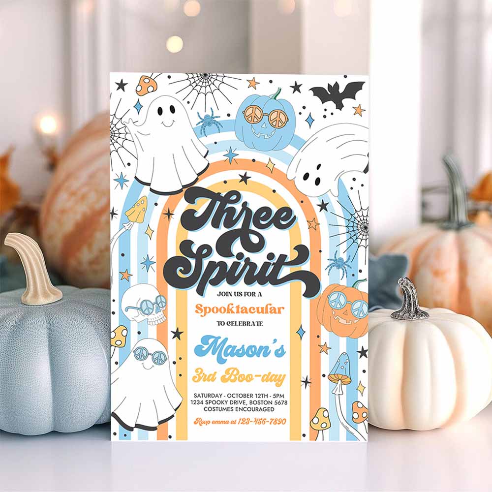 Three Spirit Halloween Ghost 3rd Birthday Invitation Retro Groovy Rainbow Ghost Birthday Hippie Halloween Party