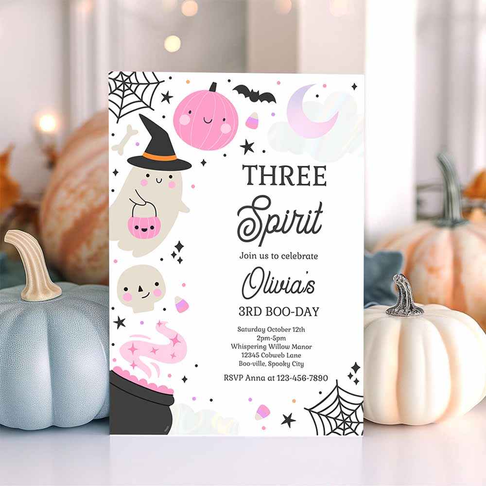 Three Spirit Halloween Ghost 3rd Birthday Party Invitation Boho Groovy Ghost Halloween Birthday Party Invite