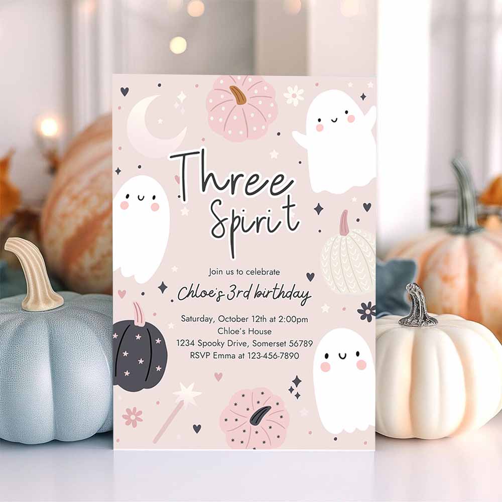 Three Spirit Halloween Ghost 3rd Birthday Party Invitation Boho Groovy Ghost Halloween Birthday Party Invite