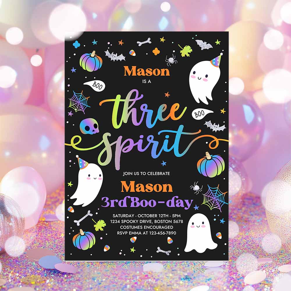 Three Spirit Halloween Ghost 3rd Birthday Party Invitation Cute Boy Ghost 3rd Birthday Spooktacular Party