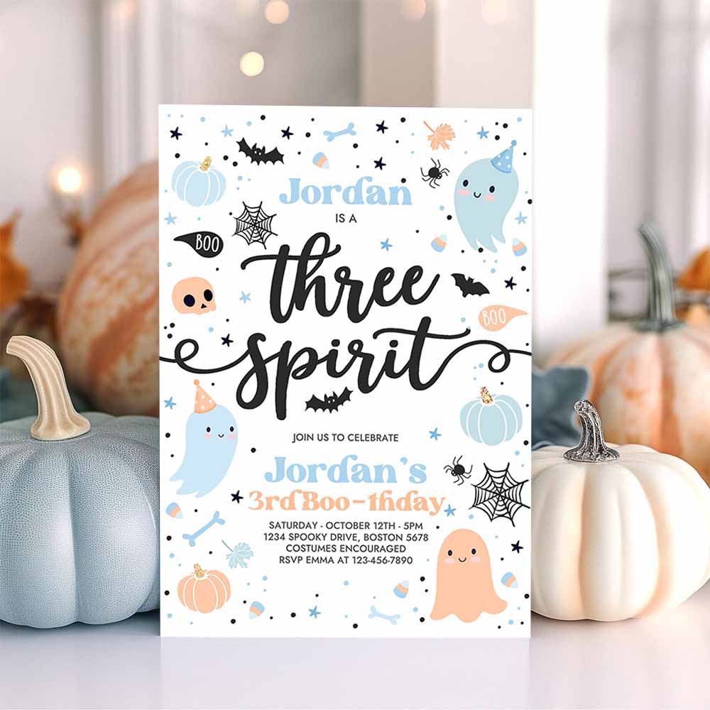 Three Spirit Halloween Ghost 3rd Birthday Party Invitation Cute Boy Ghost 3rd Birthday Spooktacular Party