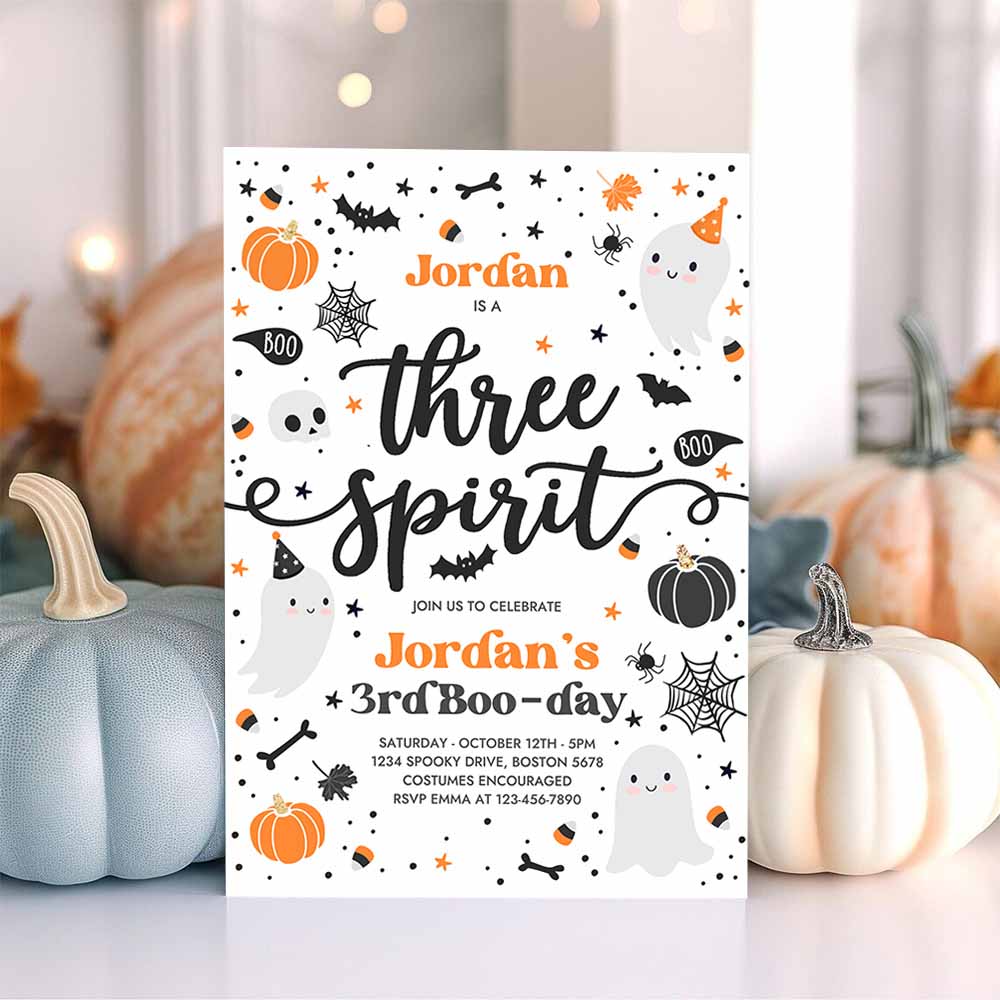 Three Spirit Halloween Ghost 3rd Birthday Party Invitation Cute Boy Ghost 3rd Birthday Spooktacular Party