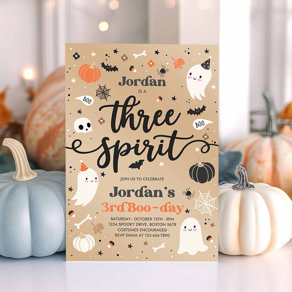 Three Spirit Halloween Ghost 3rd Birthday Party Invitation Cute Boy Ghost 3rd Birthday Spooktacular Party