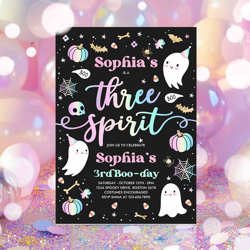 Three Spirit Halloween Ghost 3rd Birthday Party Invitation Cute Pink Ghost 3rd Birthday Spooktacular Party