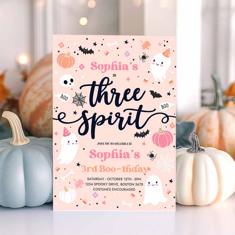 Three Spirit Halloween Ghost 3rd Birthday Party Invitation Cute Pink Ghost 3rd Birthday Spooktacular Party