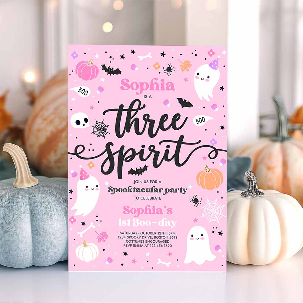 Three Spirit Halloween Ghost 3rd Birthday Party Invitation Cute Pink Ghost 3rd Birthday Spooktacular Party