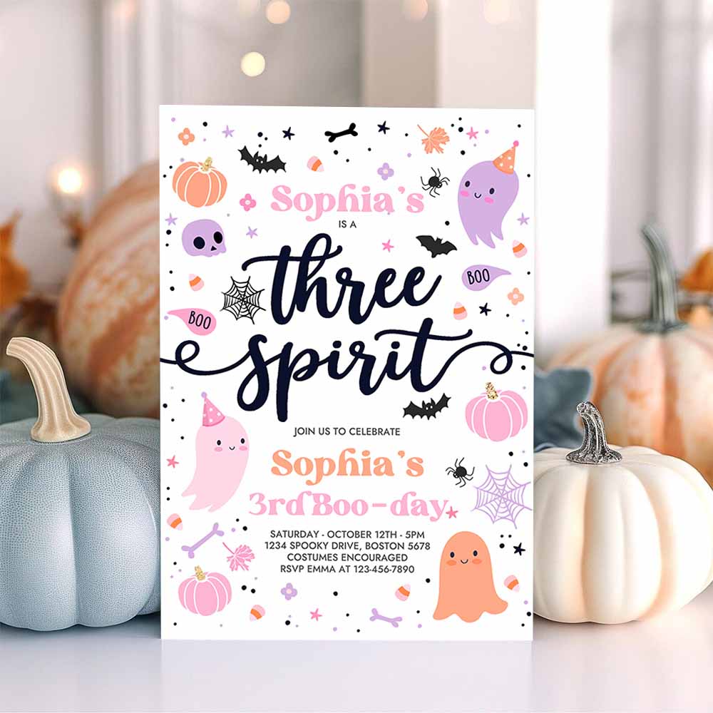 Three Spirit Halloween Ghost 3rd Birthday Party Invitation Cute Pink Ghost 3rd Birthday Spooktacular Party