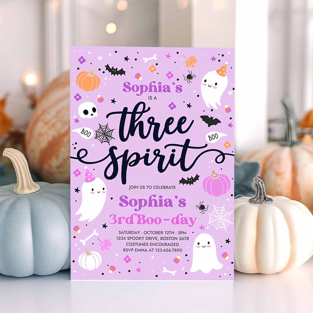 Three Spirit Halloween Ghost 3rd Birthday Party Invitation Cute Purple Ghost 3rd Birthday Spooktacular Party