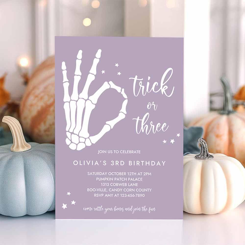 Trick Or Three Halloween 3rd Birthday Party Invitation Skeleton Hand 3rd Birthday Party Spooktacular Party