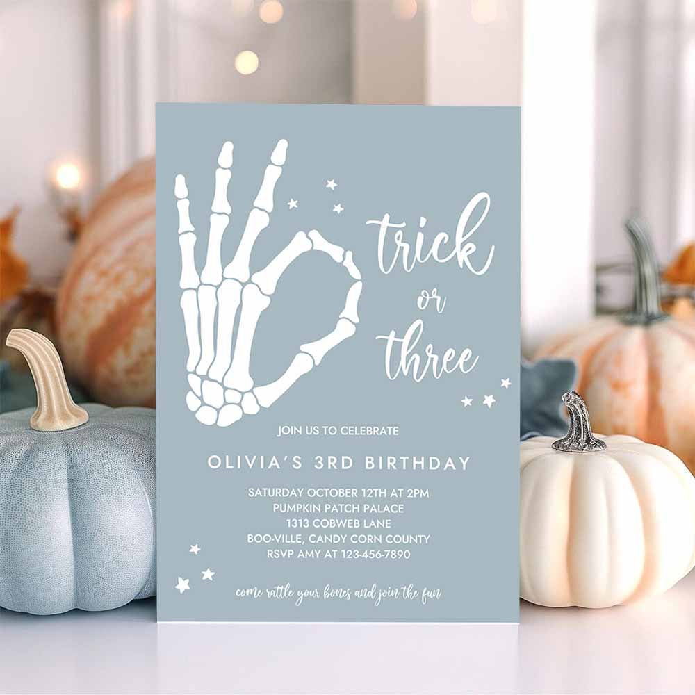 Trick Or Three Halloween 3rd Birthday Party Invitation Skeleton Hand 3rd Birthday Party Spooktacular Party