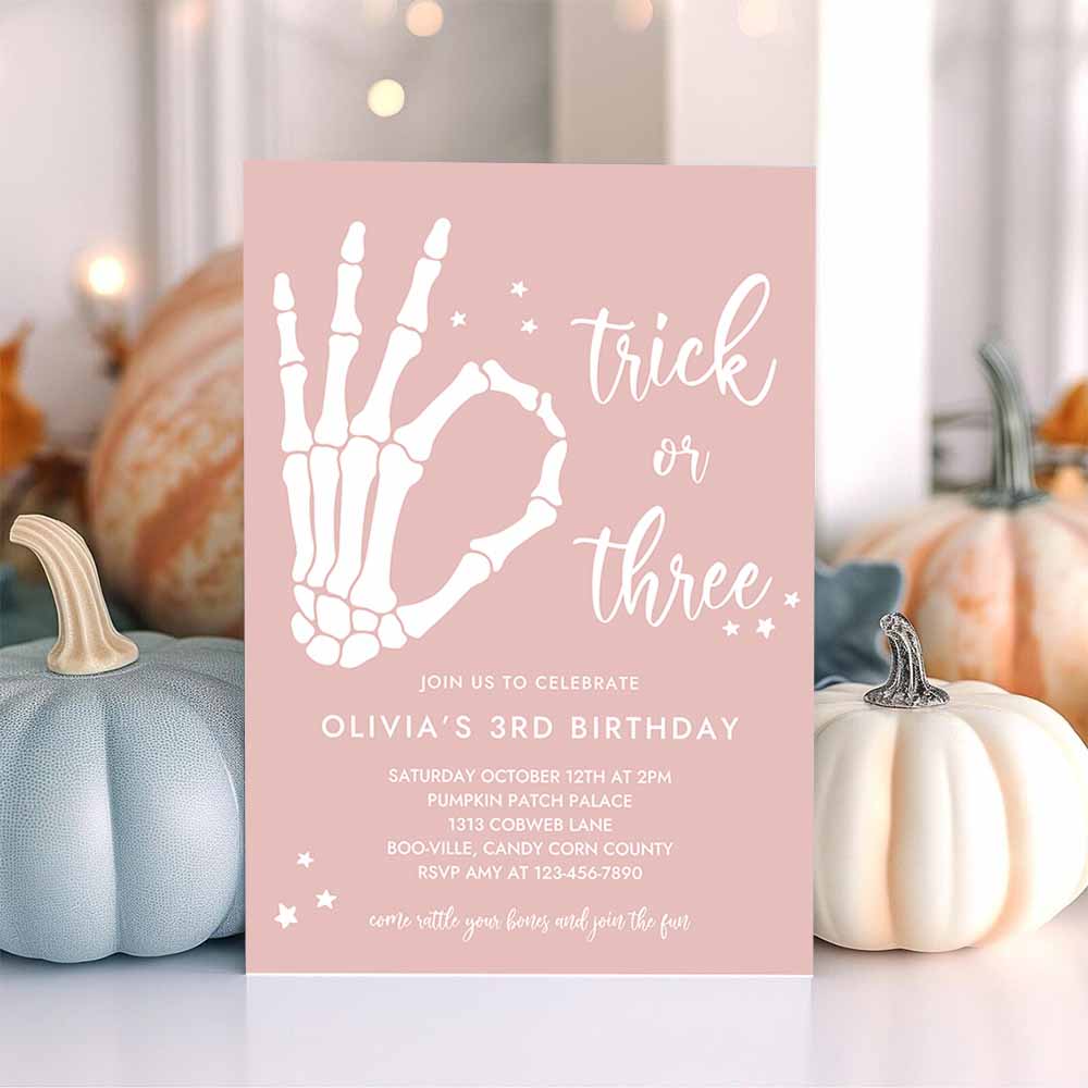 Trick Or Three Halloween 3rd Birthday Party Invitation Skeleton Hand 3rd Birthday Party Spooktacular Party