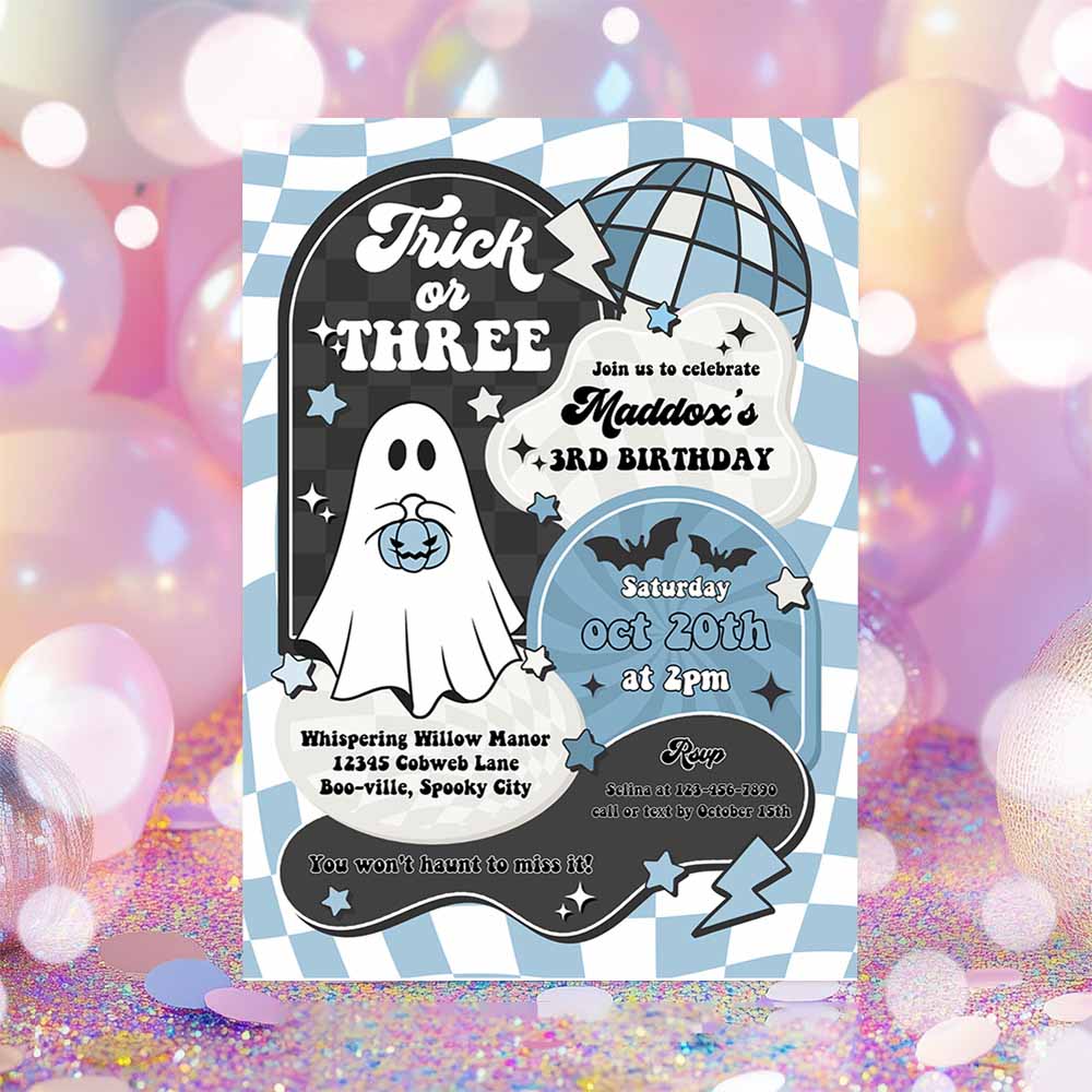 Trick Or Three Halloween Ghost 3rd Birthday Invitation Retro Groovy Boy Ghost Birthday Hippie Halloween