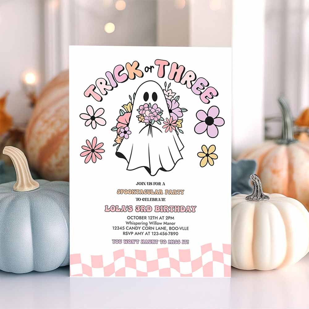 Trick Or Three Halloween Ghost 3rd Birthday Invitation Retro Groovy Pink Ghost Halloween Birthday Party