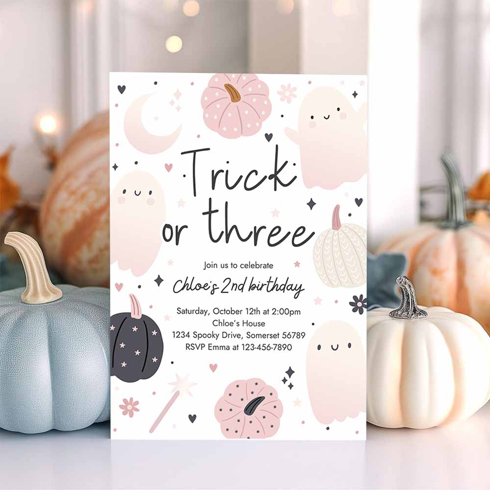 Trick Or Three Halloween Ghost 3rd Birthday Party Invitation Boho Groovy Ghost Halloween Birthday Party Invite