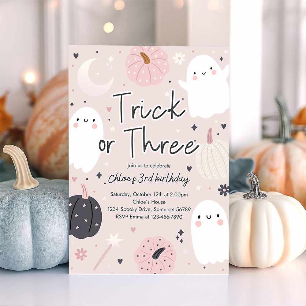 Trick Or Three Halloween Ghost 3rd Birthday Party Invitation Boho Groovy Ghost Halloween Birthday Party Invite