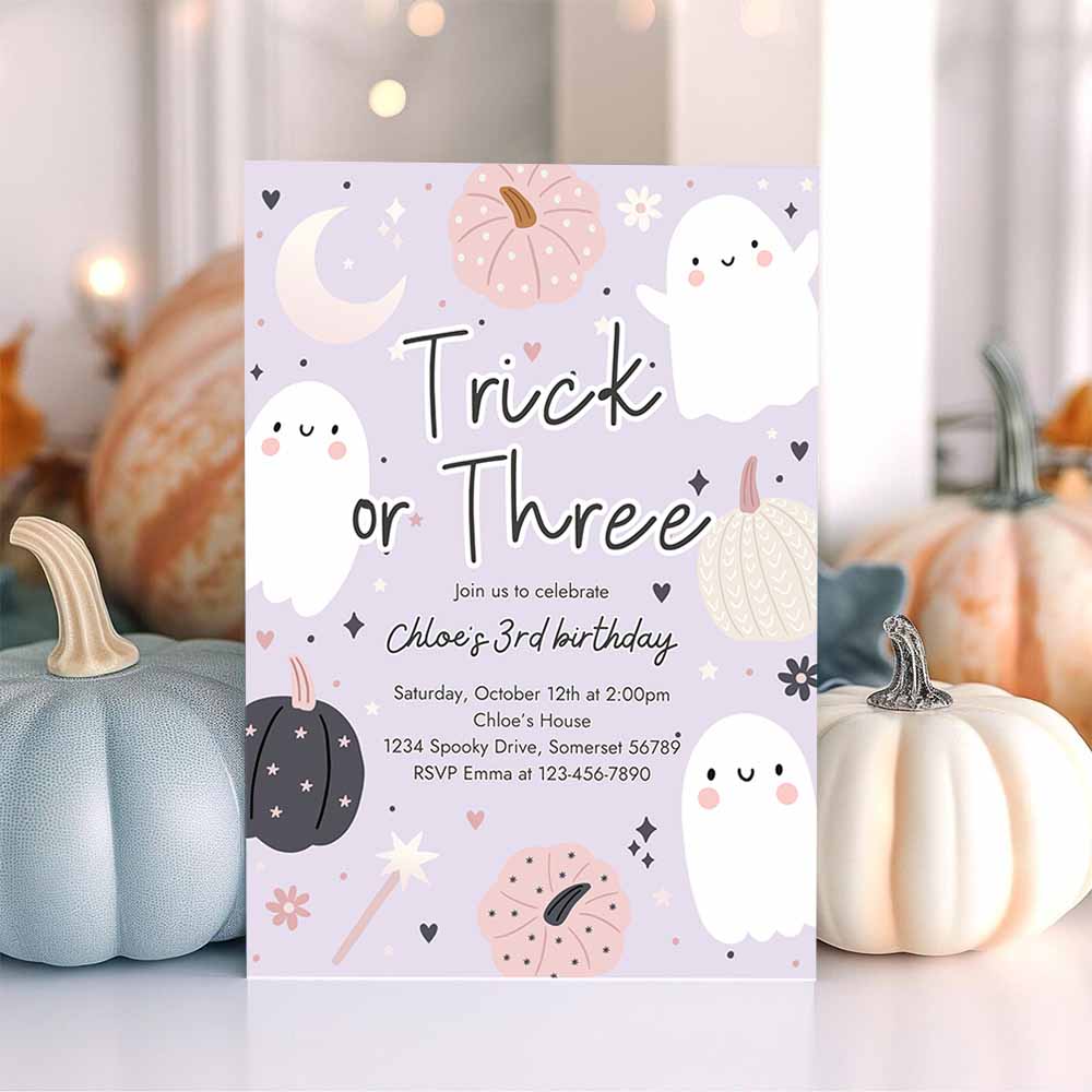 Trick Or Three Halloween Ghost 3rd Birthday Party Invitation Boho Groovy Ghost Halloween Birthday Party Invite