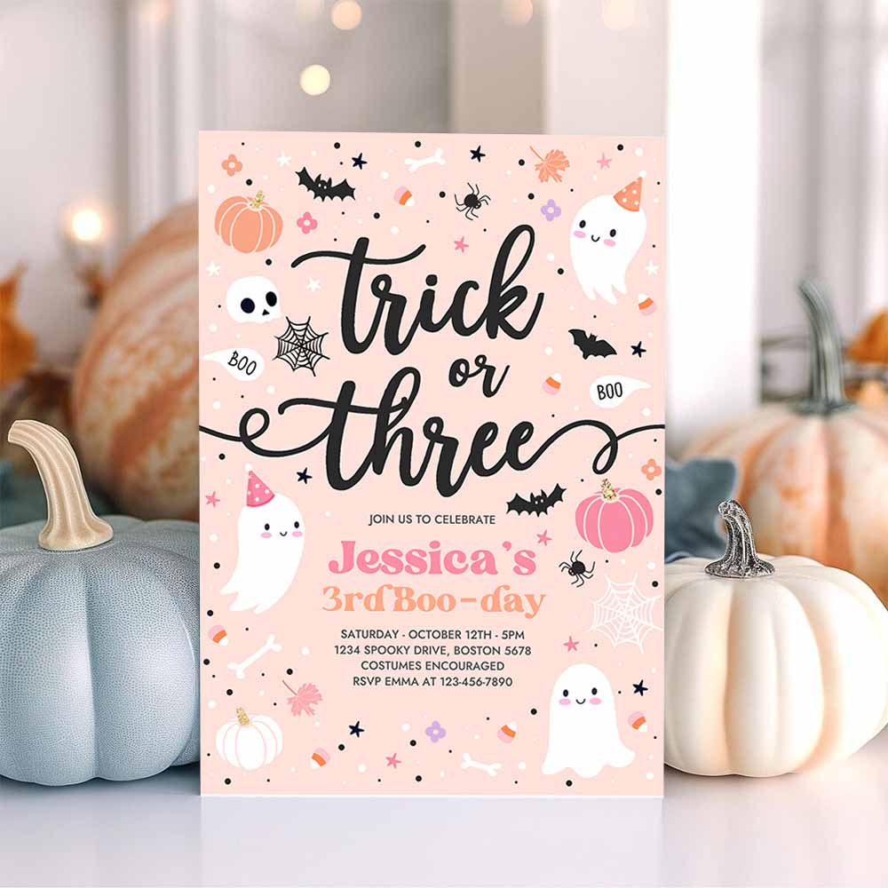 Trick Or Three Halloween Ghost 3rd Birthday Party Invitation Cute Ghost 3rd Birthday Party Spooktacular Party