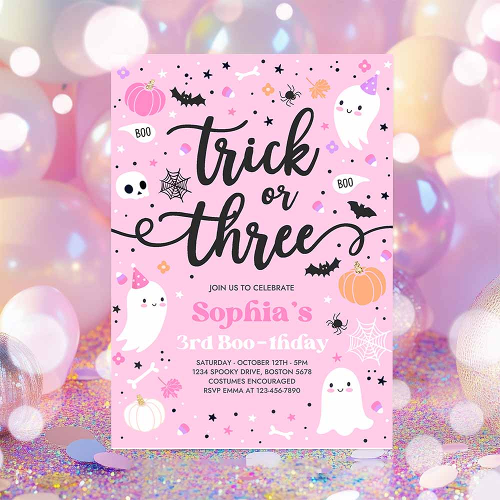 Trick Or Three Halloween Ghost 3rd Birthday Party Invitation Cute Ghost 3rd Birthday Party Spooktacular Party