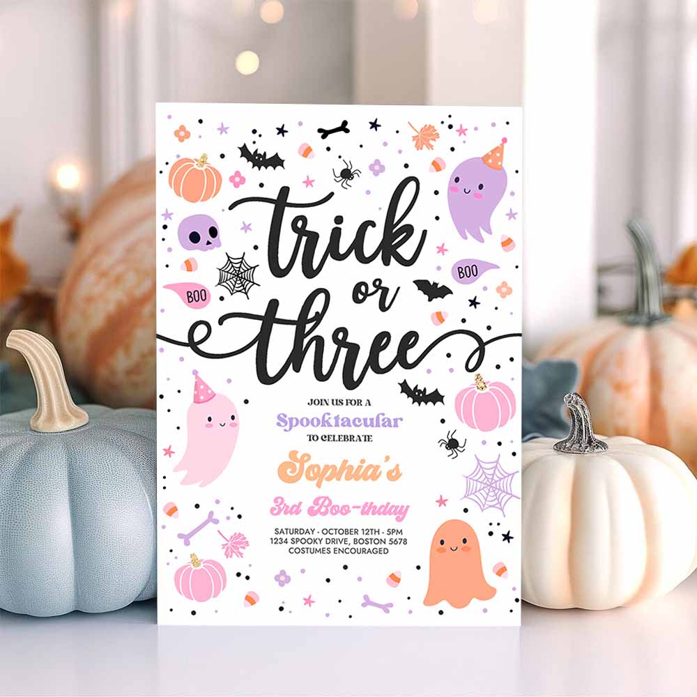 Trick Or Three Halloween Ghost 3rd Birthday Party Invitation Cute Ghost 3rd Birthday Party Spooktacular Party