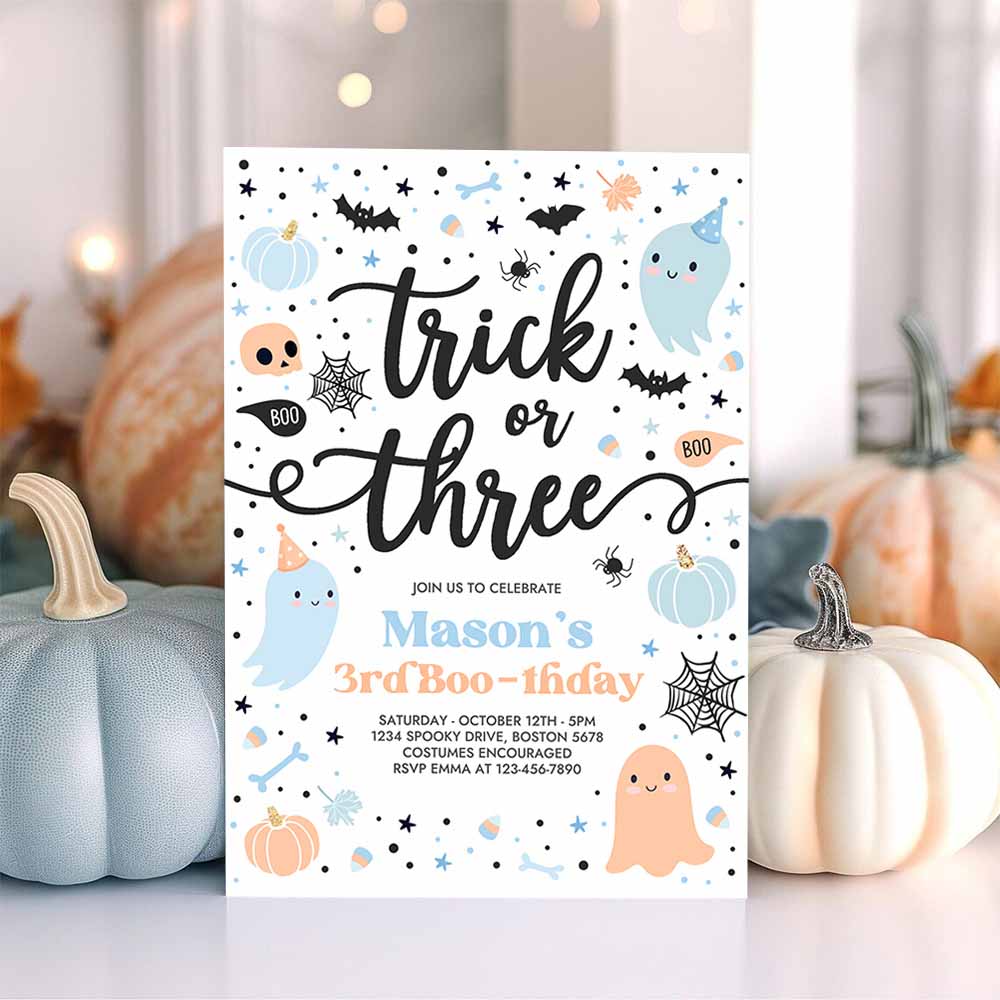 Trick Or Three Halloween Ghost 3rd Birthday Party Invitation Cute Ghost 3rd Birthday Party Spooktacular Party