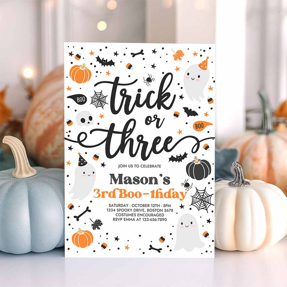 Trick Or Three Halloween Ghost 3rd Birthday Party Invitation Cute Ghost 3rd Birthday Party Spooktacular Party