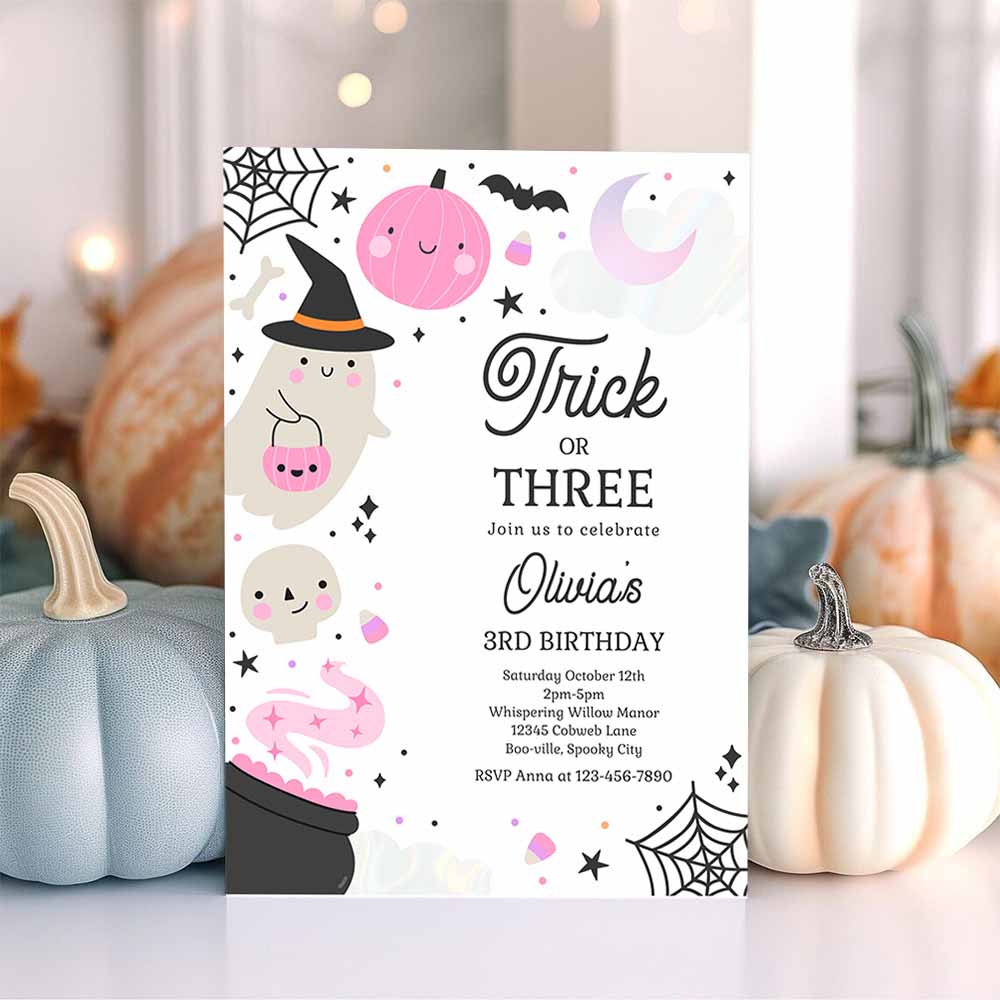 Trick Or Three Halloween Ghost 3rd Birthday Party Invitation Spooktacular Ghost Halloween Birthday Invite