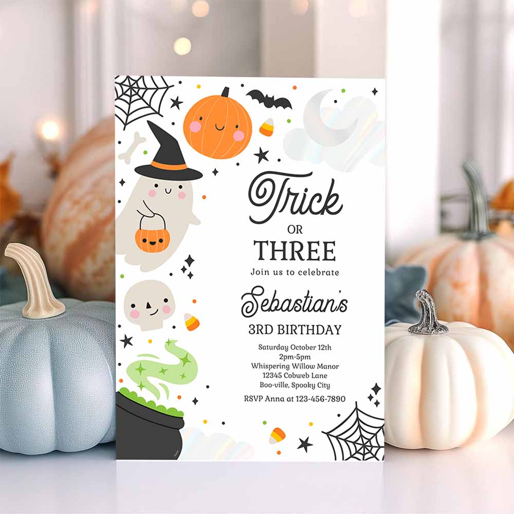 Trick Or Three Halloween Ghost 3rd Birthday Party Invitation Spooktacular Ghost Halloween Birthday Invite