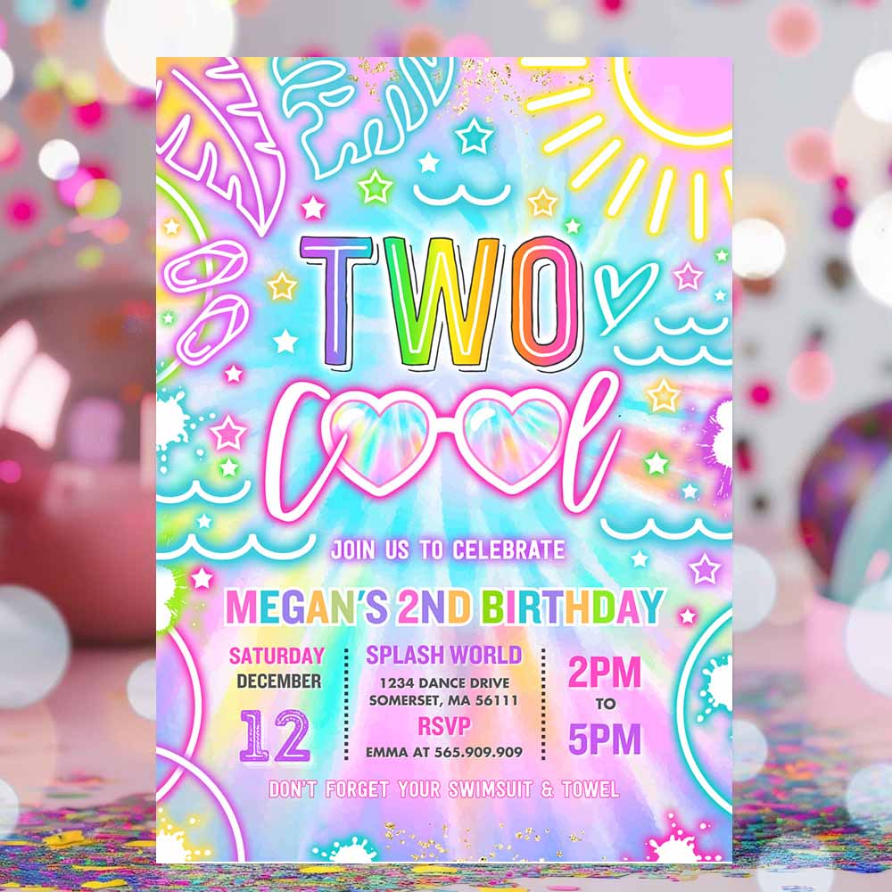 Two Cool Pool 2nd Birthday Party Invitation Glow Neon Tie Dye Summer Waterslide Waterpark Splash Pad Pool Party