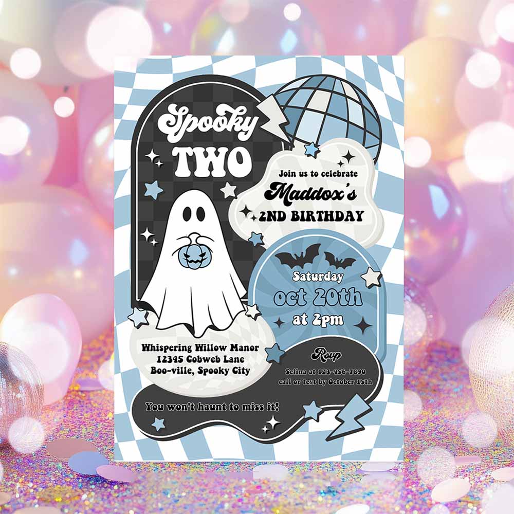 Two Spooky Halloween Ghost 2nd Birthday Invitation Retro Groovy Boy Ghost Birthday Hippie Halloween Party