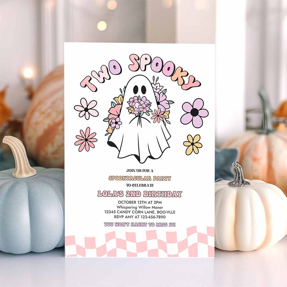 Two Spooky Halloween Ghost 2nd Birthday Invitation Retro Groovy Pink Ghost Halloween Birthday Party