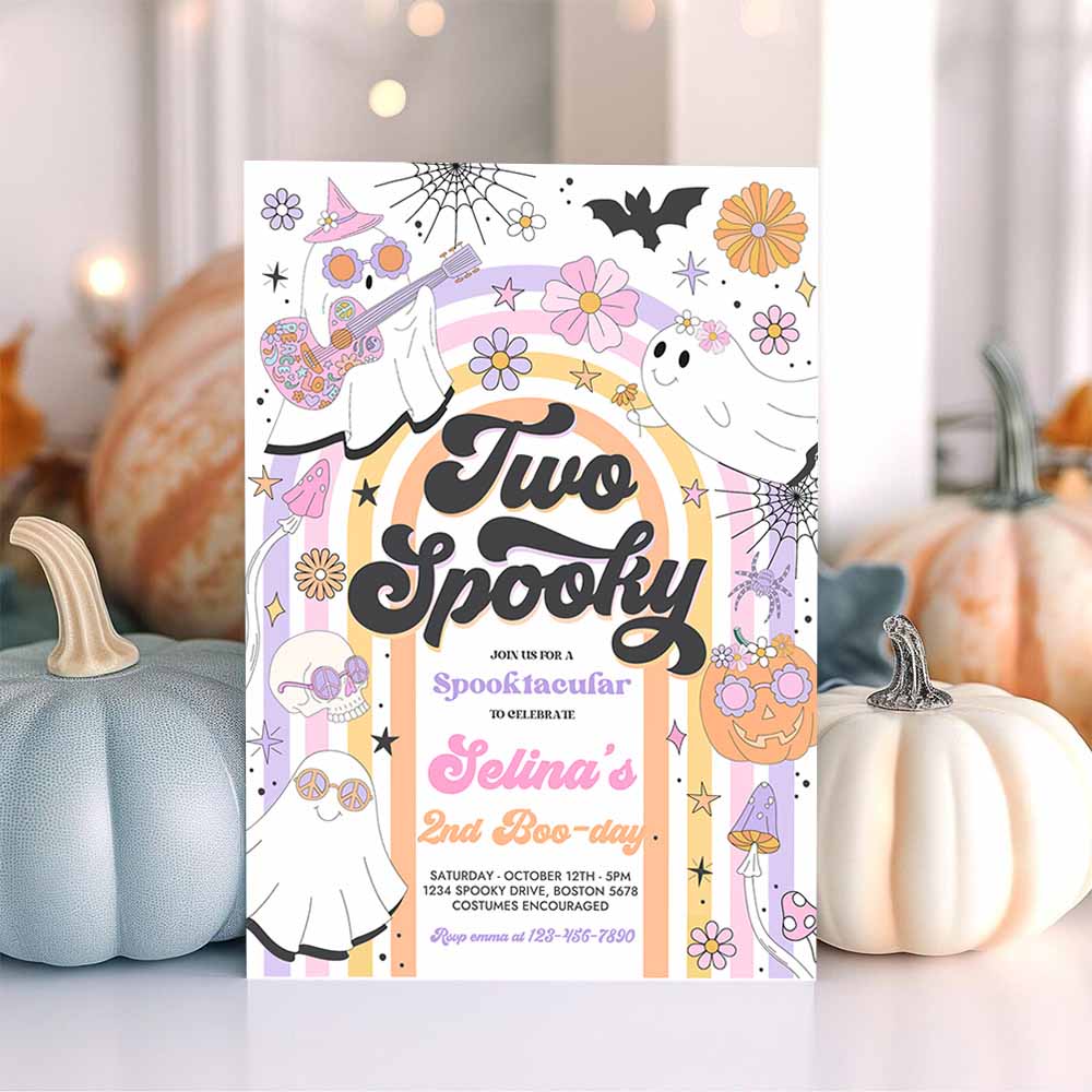 Two Spooky Halloween Ghost 2nd Birthday Invitation Retro Groovy Rainbow Ghost Birthday Hippie Halloween Party