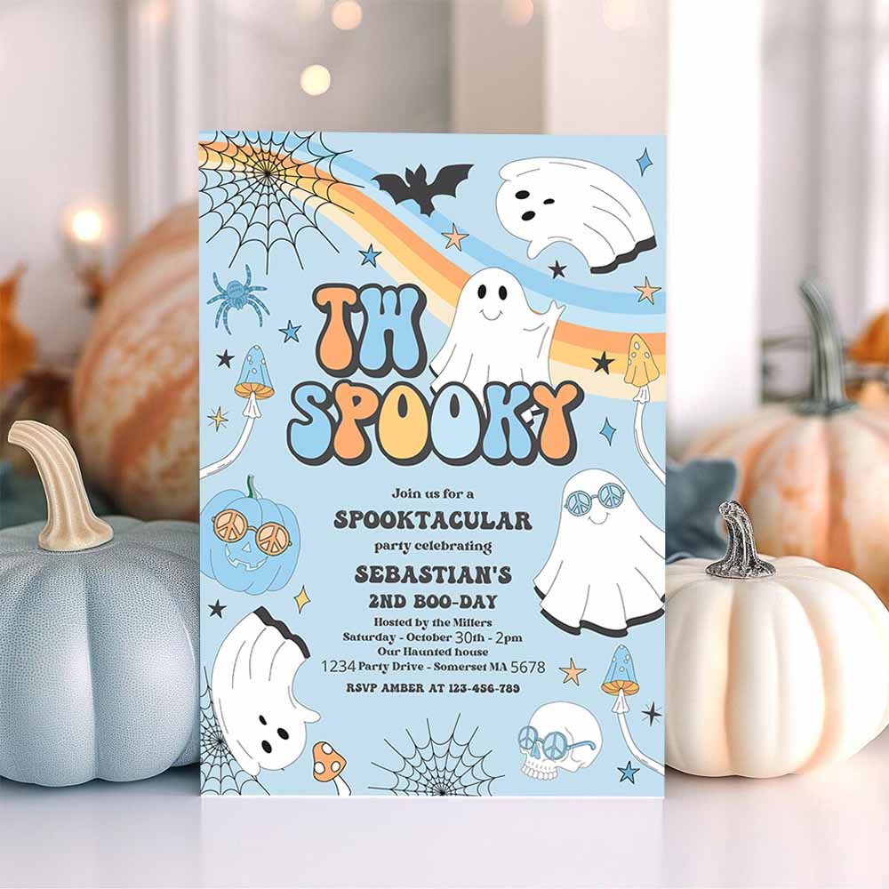 Two Spooky Halloween Ghost 2nd Birthday Invitation Retro Groovy Rainbow Ghost Birthday Hippie Halloween Party