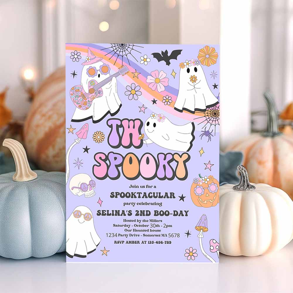 Two Spooky Halloween Ghost 2nd Birthday Invitation Retro Groovy Rainbow Ghost Birthday Hippie Halloween Party